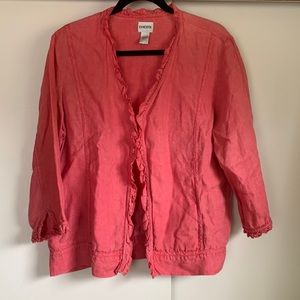 Chicos 100% Linen Ruffle Trim  Blazer with pockets  in Pink Size 2